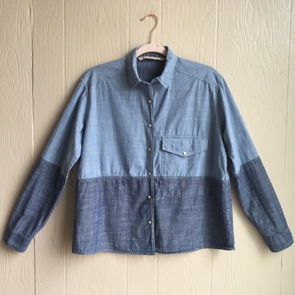 Zara Woman Two-Tone Chambray Button Down Shirt - Picture 1 of 8